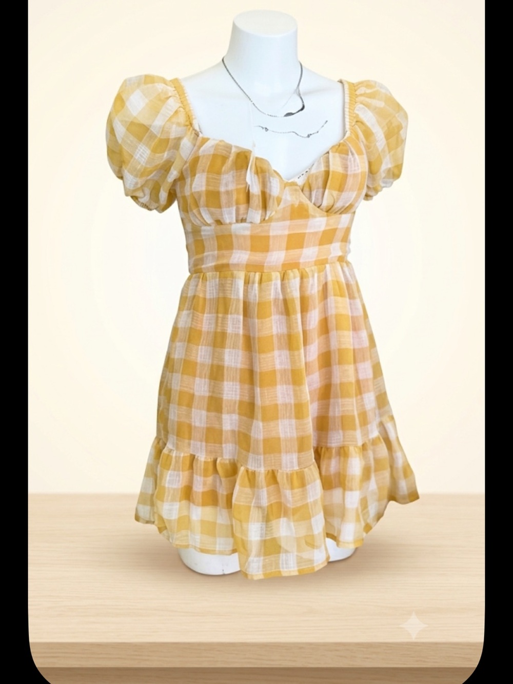 Lush Yellow Gingham Puff-Sleeve Mini Dress